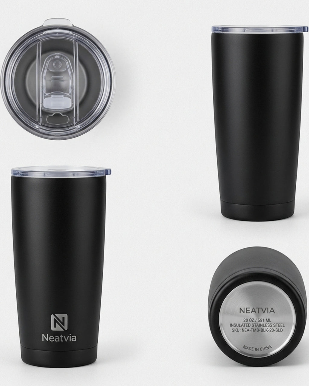 Neatvia Insulated Tumbler Matte Black 20 oz with Slider Lid