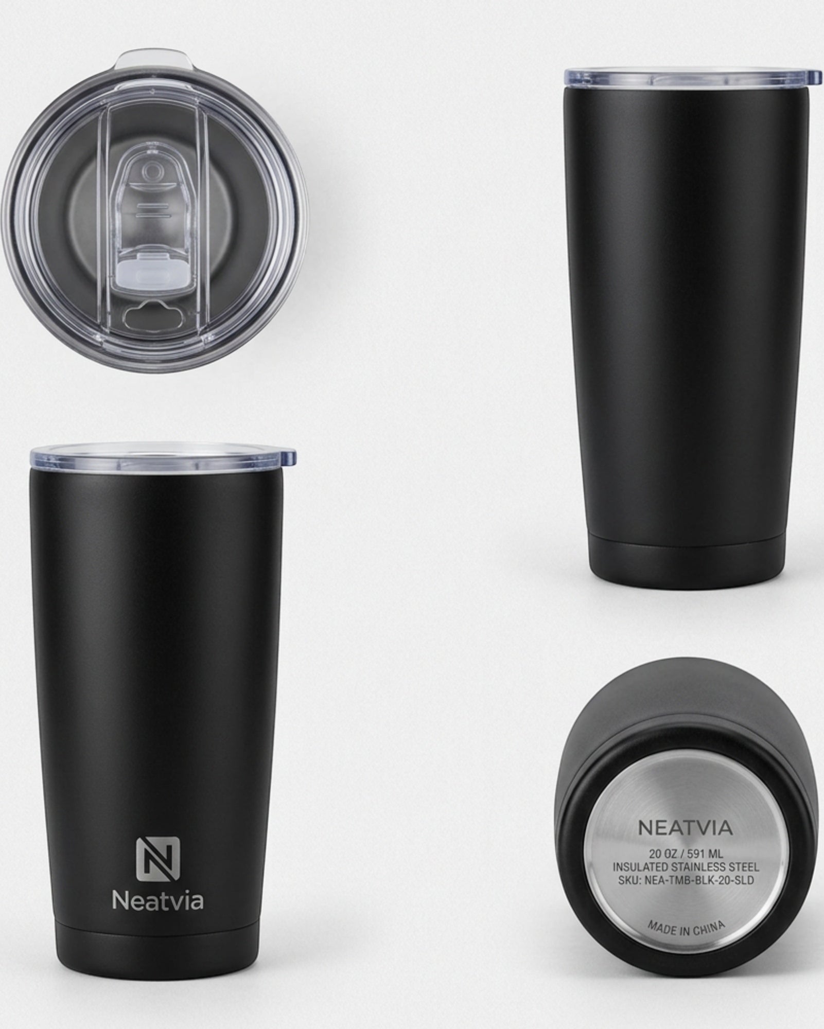 Neatvia Insulated Tumbler Matte Black 20 oz with Slider Lid