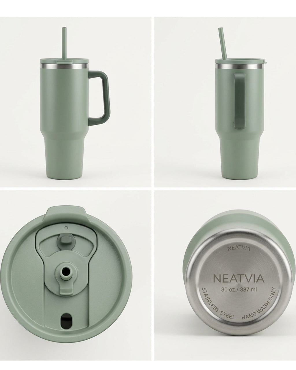 Neatvia Straw Tumbler Sage 30 oz with Handle